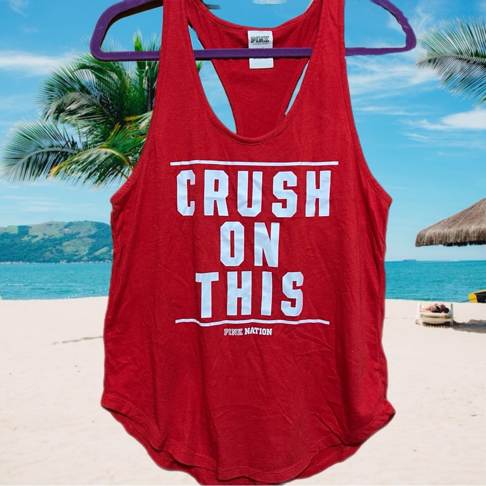 PINK Victoria’s Secret Red Racerback Tank Top L “Crush On This” Graphic Gym Tee